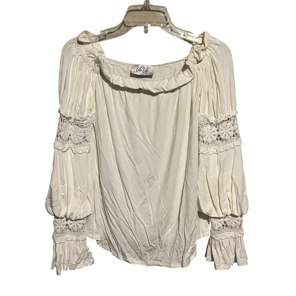 Va Va by Joy Han USA Blouse Women's S Off White Top Off Shoulder Lace Sleeves - Picture 1 of 9